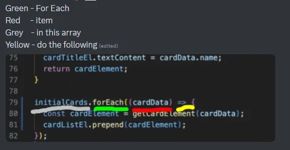 forEach color coded: Green = For Each, Red = item, Grey = in this array, Yellow = do the following